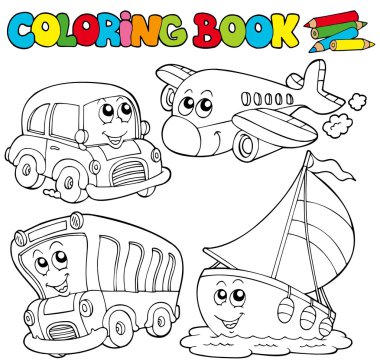 Coloring book with various vehicles clipart