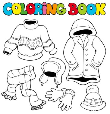 Coloring book with winter clothes clipart