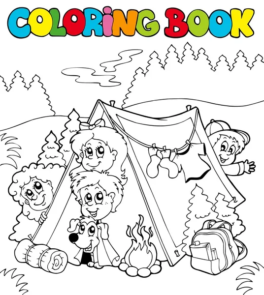 Libro da colorare con bambini in campeggio — Vettoriale Stock