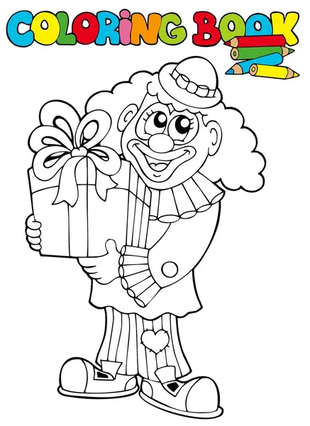 Coloring book with clown and gift — Stock Vector