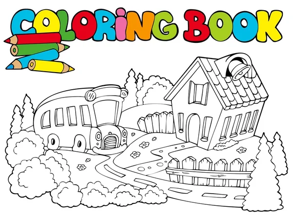 Coloring book with school and bus — Stock Vector