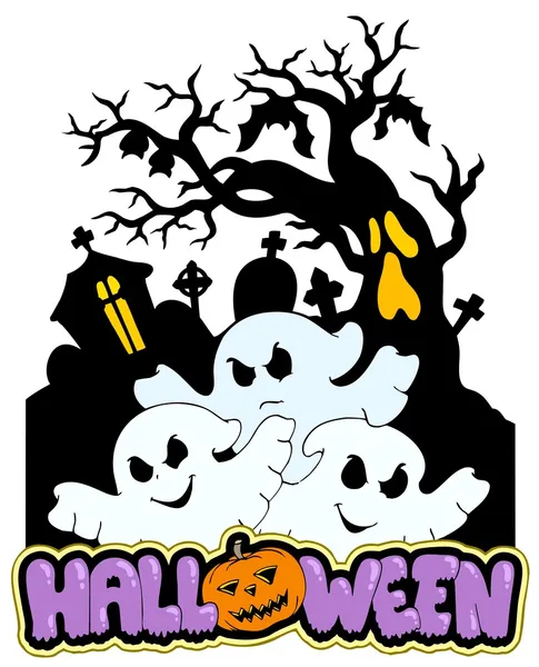 Sinal de Halloween com três fantasmas 2 — Vetor de Stock