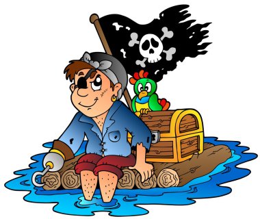 Cartoon pirate sailing on raft clipart