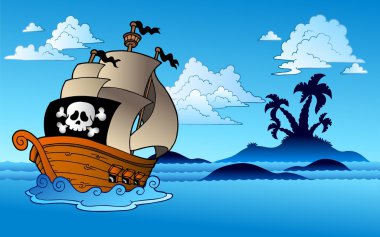 Pirate ship with island silhouette clipart