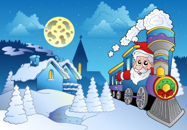 Santa on train near small village clipart