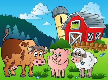Three farm animals near barn clipart