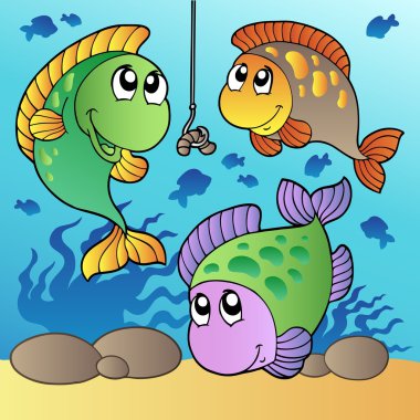 Three fishes and fishing hook clipart