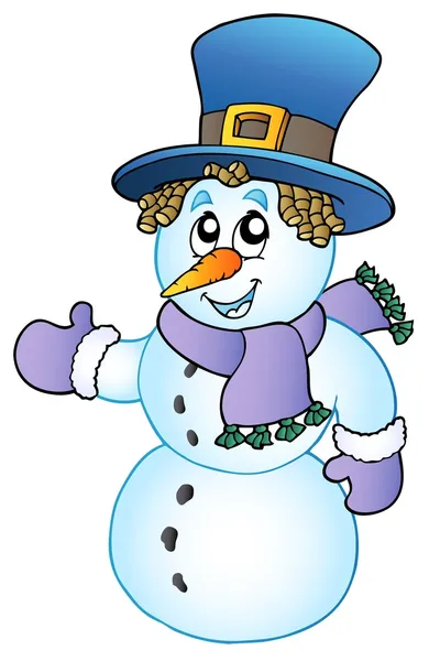 Bonhomme de neige dessin animé avec grand chapeau — Image vectorielle