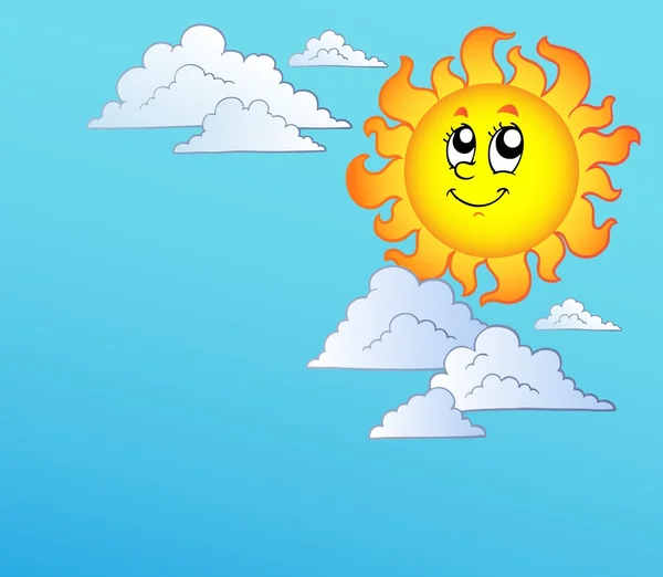 卡通太阳与蓝蓝的天空上的云 — 图库矢量图片