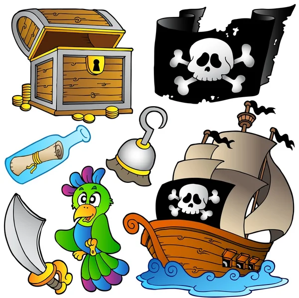 Pirate collection with wooden ship — Stock Vector