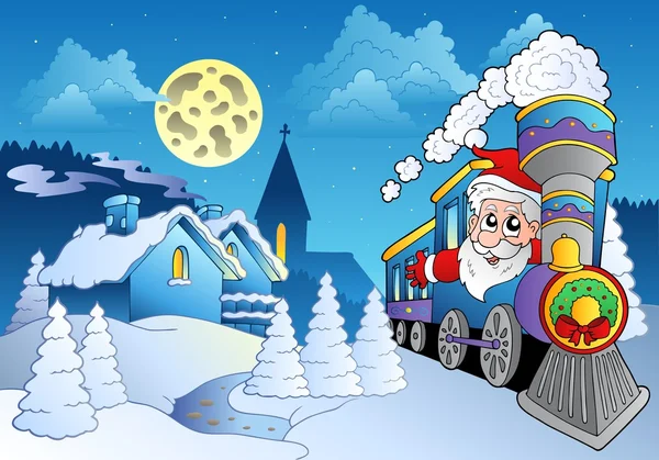 Santa en tren cerca del pequeño pueblo — Vector de stock