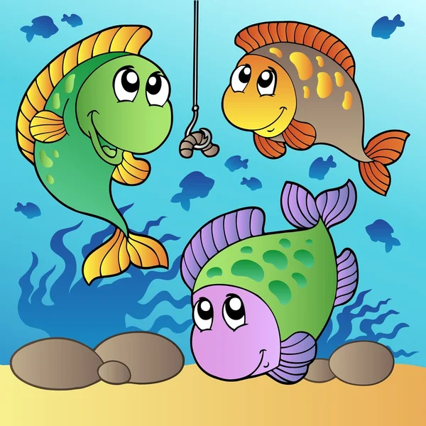 Three fishes and fishing hook — Stock Vector