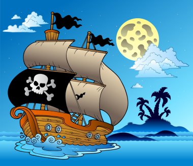 Pirate sailboat with island silhouette clipart