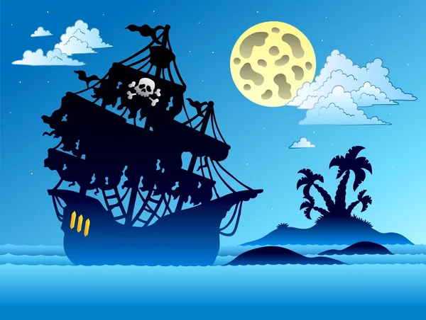Pirate ship silhouette with island — Stock Vector