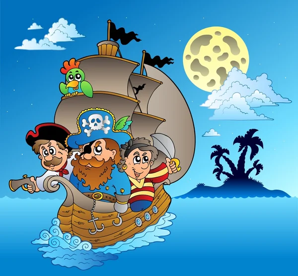 Three pirates and island silhouette — Stock Vector