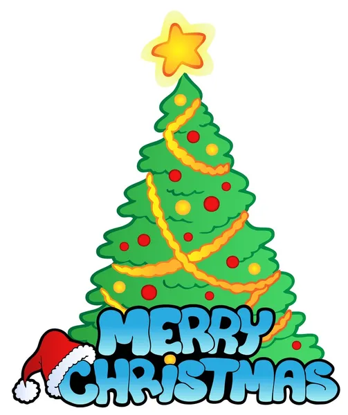 Sinal de Natal feliz com árvore — Vetor de Stock