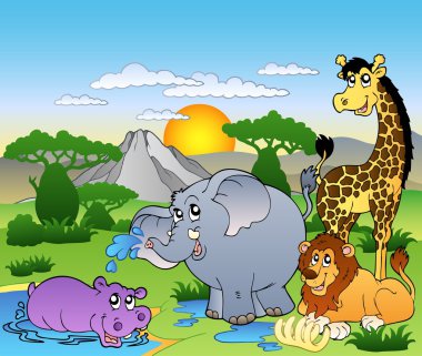 African landscape with four animals clipart