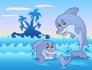 Two dolphins playing in waves clipart