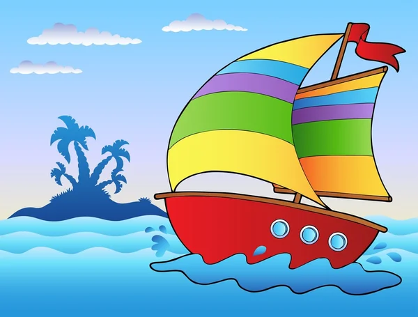 Cartoon-Segelboot in der Nähe einer kleinen Insel — Stockvektor