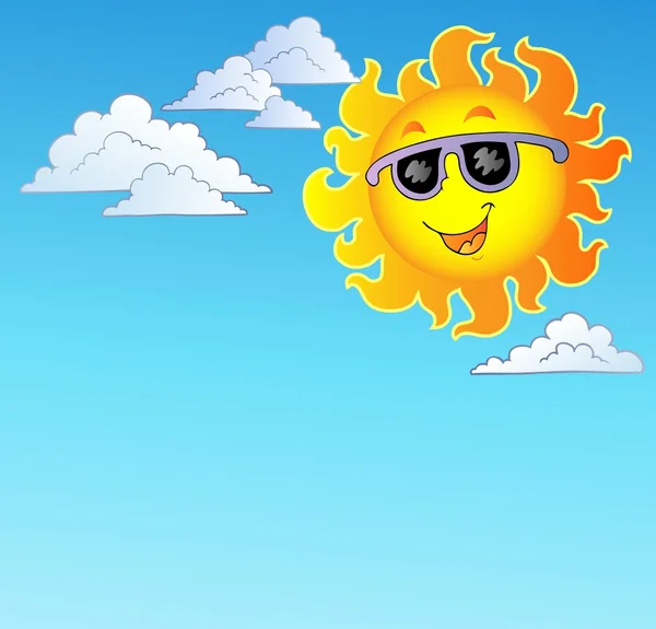 Sol feliz con gafas de sol en el cielo — Vector de stock