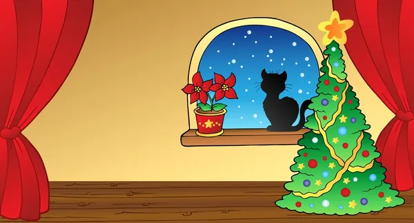Tarjeta de Navidad con árbol y gato — Vector de stock