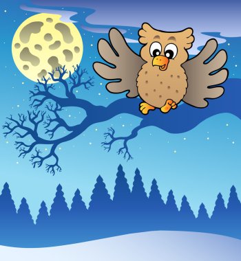 Cute flying owl in snowy landscape clipart