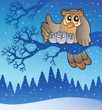 Owl family in winter clipart