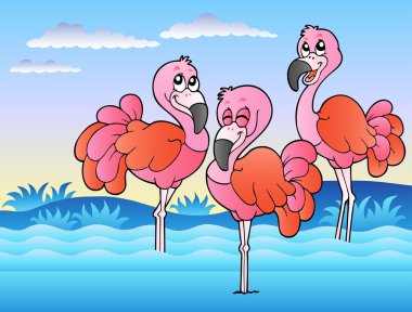 Three flamingos standing in water clipart