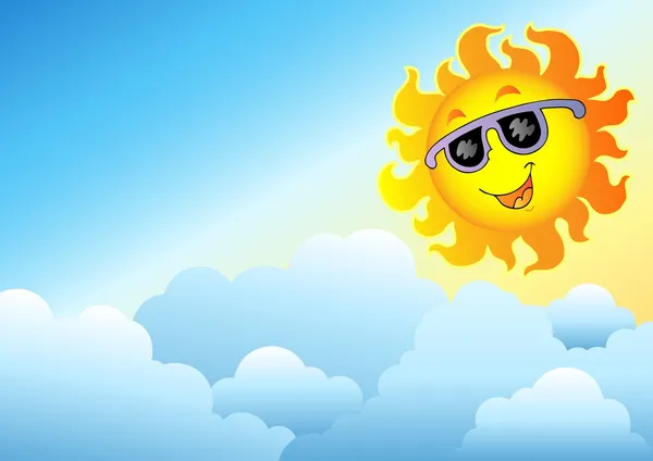 Облачное небо с мультфильмом Солнце — стоковый вектор