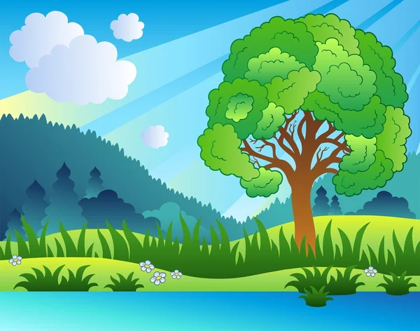 Landschap met groene boom en meer — Stockvector