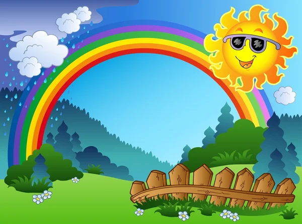 Пейзаж с радугой и солнцем — стоковый вектор