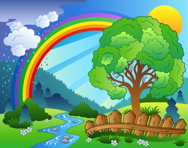 Paisaje con arco iris y árbol — Vector de stock