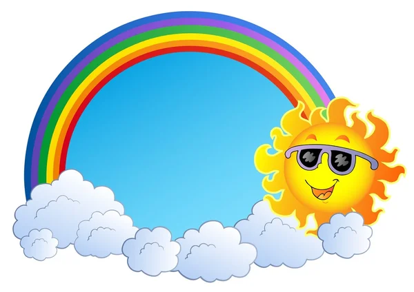 Regenboog met zon en wolken — Stockvector