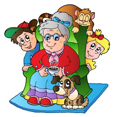 Cartoon grandma with two kids clipart