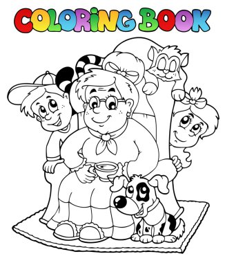 Coloring book with grandma and kids - vector illustration. clipart