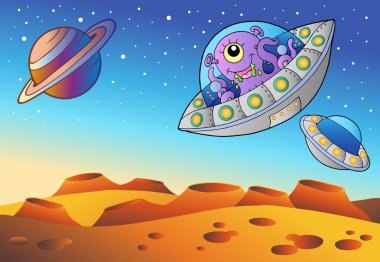 Red planet with flying saucers clipart