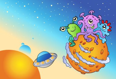 Spacescape with three cute aliens - vector illustration. clipart