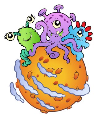 Three cute aliens on planet - vector illustration. clipart