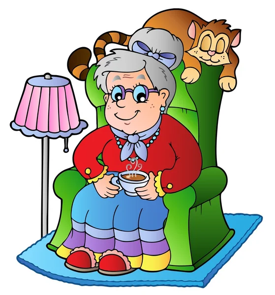 肘掛け椅子に座って漫画おばあちゃん — ストックベクタ