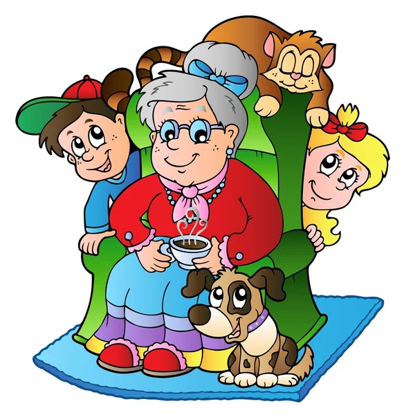 Kreslený babička s dvěma dětmi — Stockový vektor