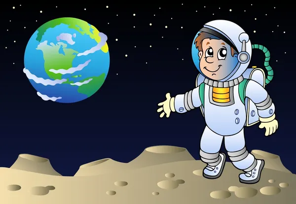 Moonscape com astronauta dos desenhos animados — Vetor de Stock