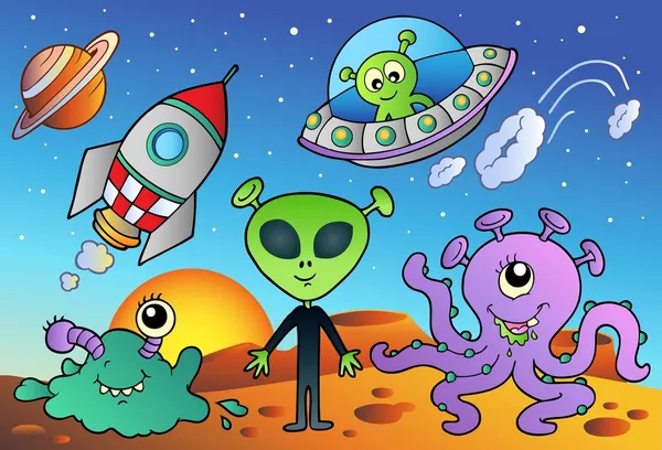 Diversas Caricaturas Alienígenas Espaciales Ilustración Vectorial — Vector de stock
