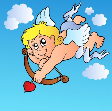 Cupid shooting with bow on blue sky - vector illustration. clipart