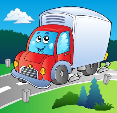 Cartoon delivery truck on road - vector illustration. clipart