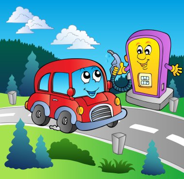 Cute car at cartoon gas station clipart