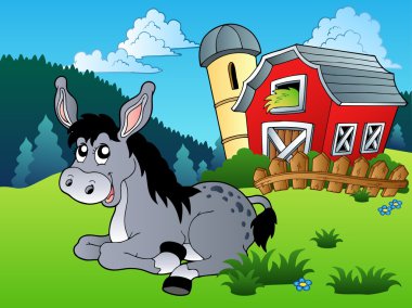 Lying donkey near farm - vector illustration. clipart