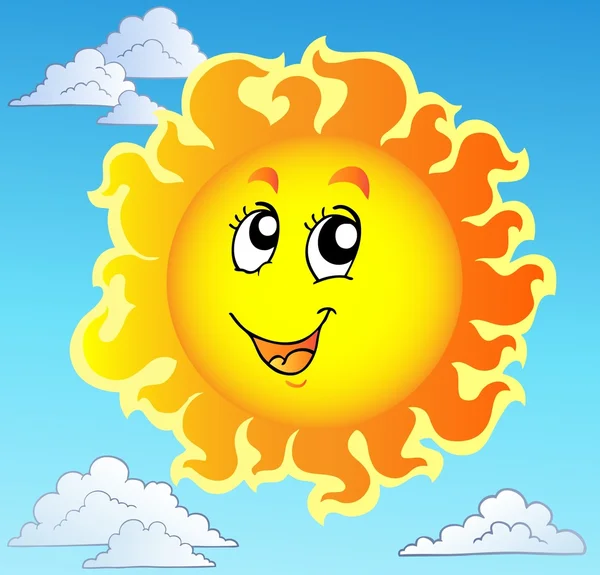 Симпатичное счастливое солнце на голубом небе — стоковый вектор
