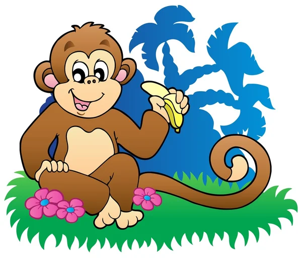 Mono Comiendo Plátano Cerca Las Palmas Las Manos Vector Ilustración — Vector de stock