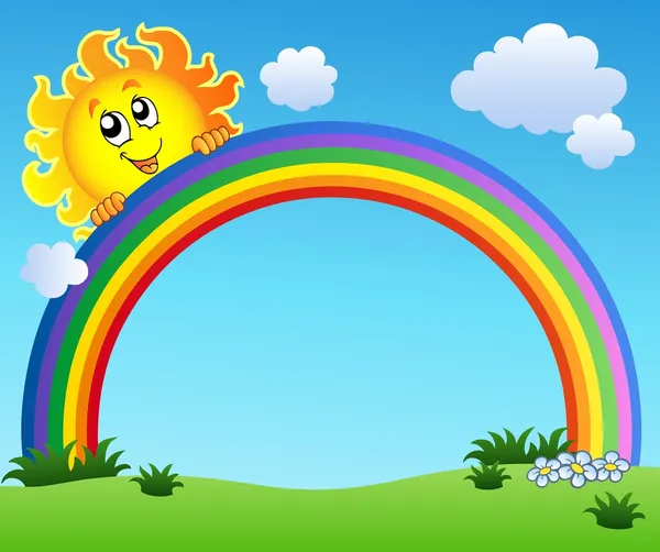 太阳在蓝色的天空 矢量插画持有彩虹 — 图库矢量图片