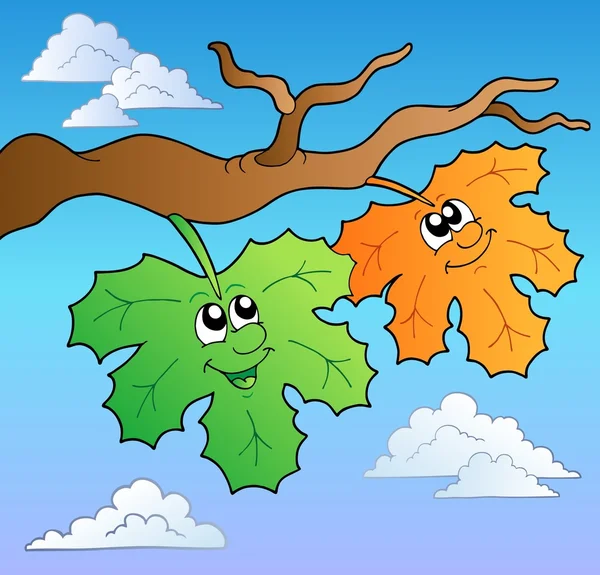Δύο Γελοιογραφία Φθινοπωρινά Φύλλα Στο Sky Εικονογράφηση Φορέας — Διανυσματικό Αρχείο